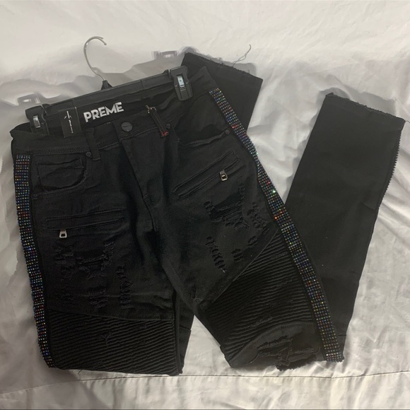 PREME Designer Bedazzled Ripped Black Denim Jeans Streetwear Mens Sizes New - Picture 4 of 6